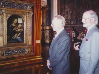 Jeffrey A. Dering, Director, National Geographic Society Museum, Explorers Hall and Leonard J. Grant, Vice President, National Geographic Society, view Leonardo da Vinci’s Madonna and Child with Flowers, known as the Benois Madonna (1478), Oil on Canvas, 49.5 cm x 33 cm.
