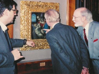 Jeffrey A. Dering (1989) with National Geographic Society Vice President, Leonard Grant and Renaissance Curators of State Hermitage Museum, St. Petersburg, Russia viewing the Madonna Litta, by Leonardo da Vinci (c.1490-91), Tempera on canvas (transferred from Panel in 1865). This painting was completed before Leonardo moved back to Florence in 1500 when he was experimenting with different mediums. Although the attribution to Leonardo is debated there are preparatory drawings in the Louvre that prove Leonardo participated in designing the picture.